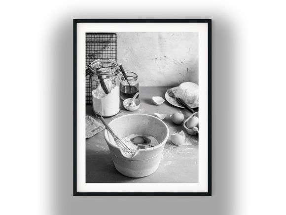 Rustic Baking Ingredients with Flour and Eggs Black and White Photo Digital Download