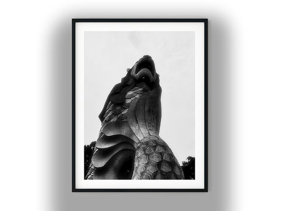 Low-Angle View of Singapore Merlion Statue Black and White Photo Digital Download