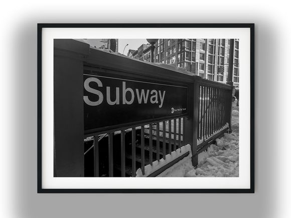 Snowy New York Subway Station Entrance Black and White Photo Digital Download