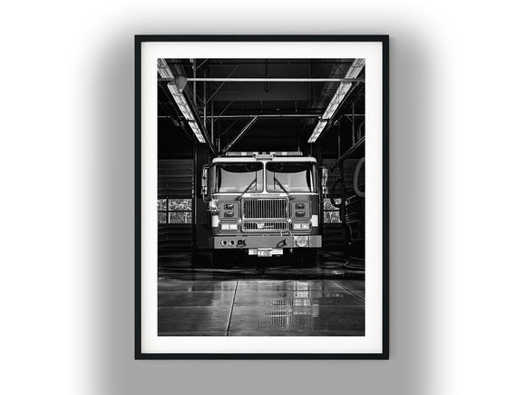 Seagrave Fire Truck Parked Inside Firehouse Bay Black And White Photo Digital Download