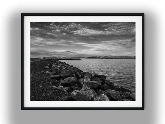 Rocky Seawall View Across York Bay Black And White Photo Digital Download