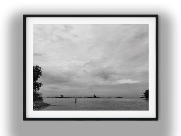 Cargo Ships Anchored off Overcast Sentosa Coast Black and White Photo Digital Download