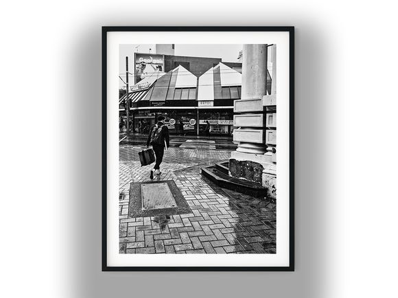 Traveler with Luggage on Rainy Wellington Street Black And White Photo Digital Download