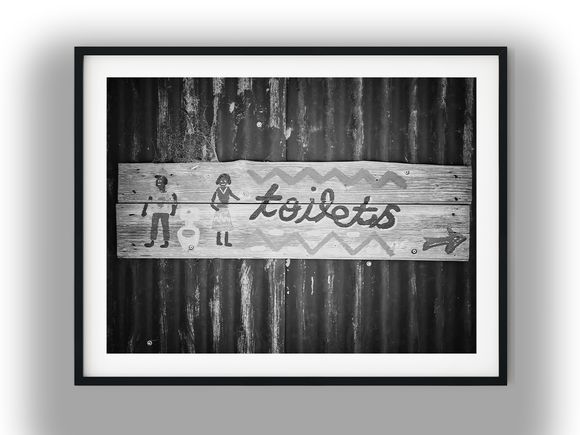 Rustic Hand-Painted Wooden Toilet Sign on Corrugated Metal Black and White Photo Digital Download