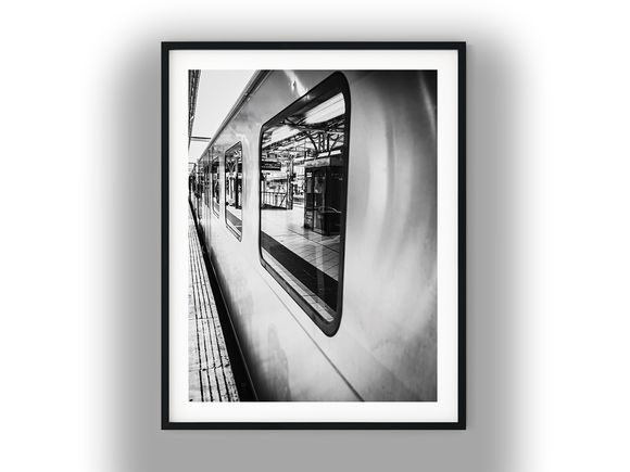 Train Carriage Window Reflecting Empty Station Platform Black and White Photo Digital Download