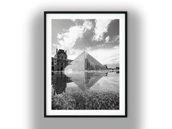 Louvre Pyramid Reflection in Paris Water Fountain Black and White Photo Digital Download