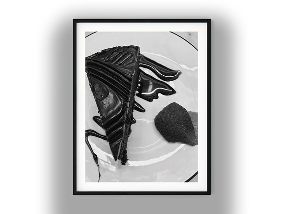 Decadent Chocolate Cake Slice with Fresh Strawberry Black and White Photo Digital Download