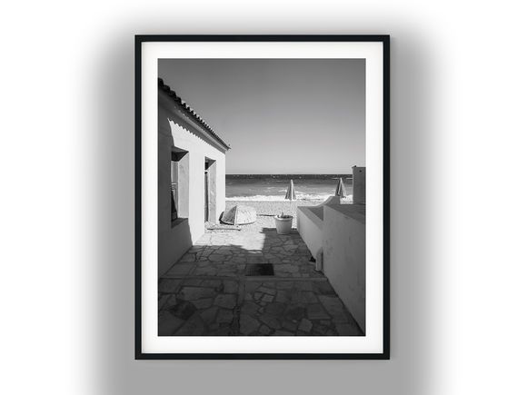 Coastal Stone Patio Leading to Pebbled Beach Black And White Photo Digital Download