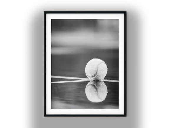 Tennis Ball Reflection on Wet Court Line Black and White Photo Digital Download