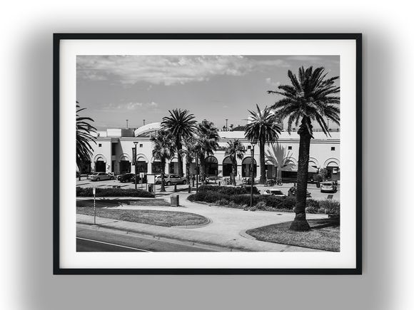 St Kilda Sea Baths and Palm Trees Landscape Black and White Photo Digital Download