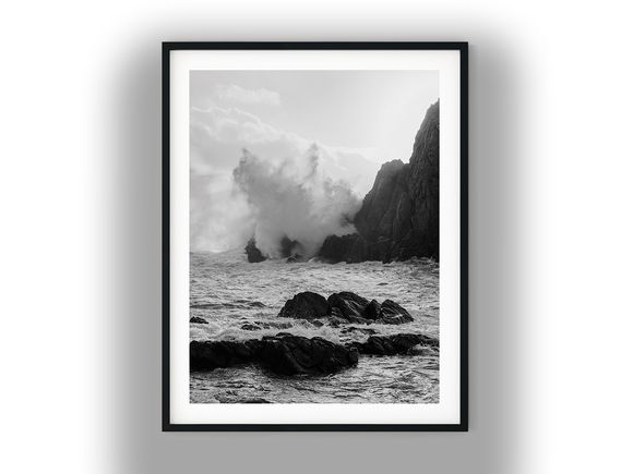 Powerful Waves Crashing Against Rocky Coastline Black And White Photo Digital Download