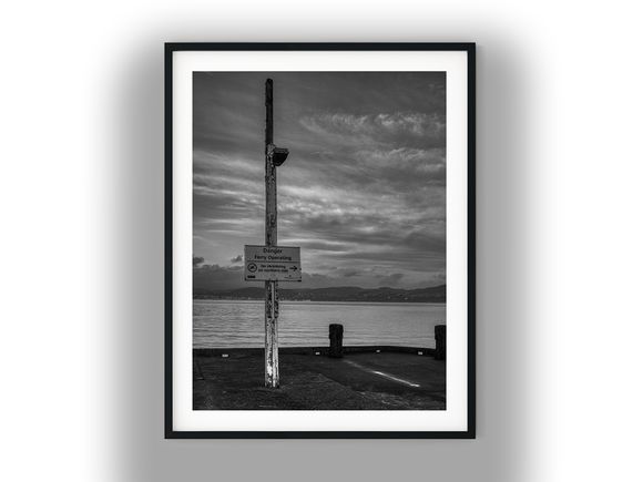 Ferry Warning Sign on Coastal Wharf Black And White Photo Digital Download