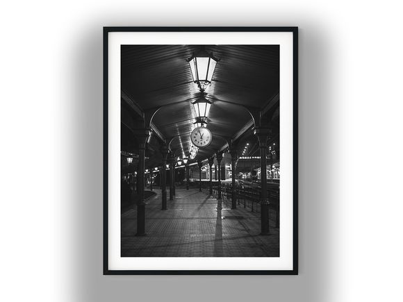 Vintage Clock on Empty Railway Platform Black And White Photo Digital Download