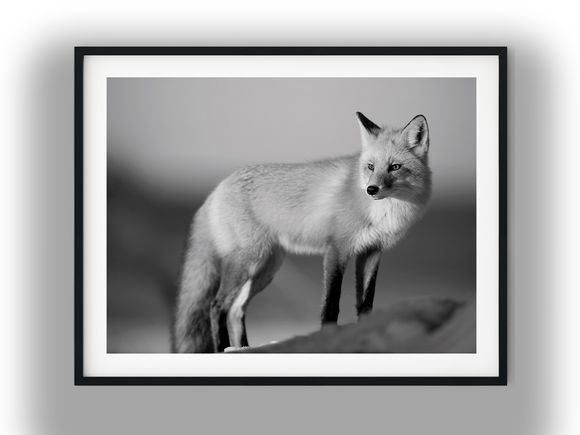 Alert Red Fox Standing on Winter Ridge Black And White Photo Digital Download