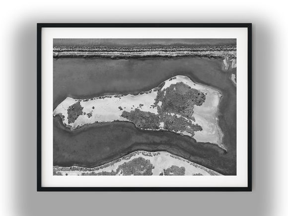Aerial View of Coastal Wetland Island Black And White Photo Digital Download