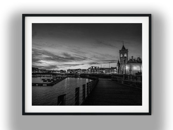 Evening Promenade Along Cardiff Bay Harbor Black And White Photo Digital Download