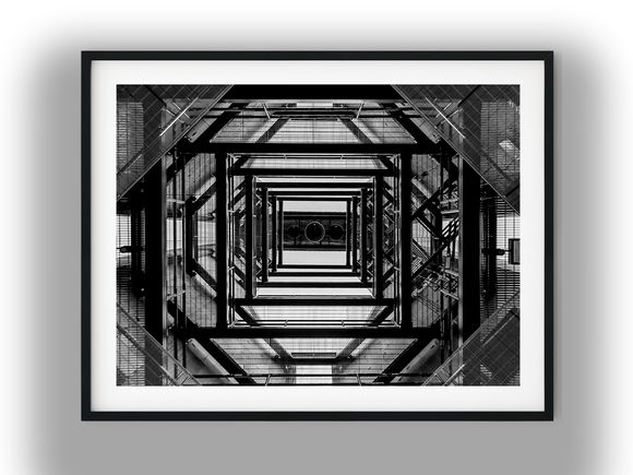 Symmetrical Upward View of Industrial Steel Stairwell Black and White Photo Digital Download