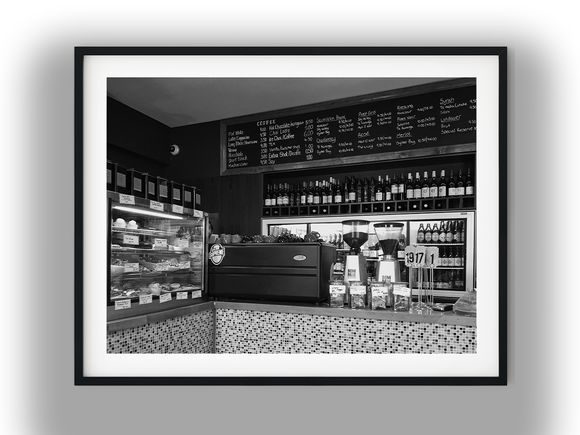 Coffee Shop Counter with Espresso Machine Black And White Photo Digital Download