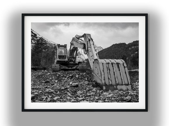 Heavy Excavator in Rocky Alpine Landscape Black And White Photo Digital Download