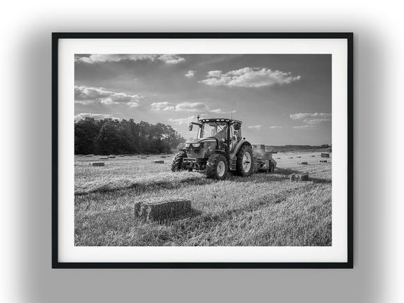 Tractor Baling Hay in Open Field Black And White Photo Digital Download