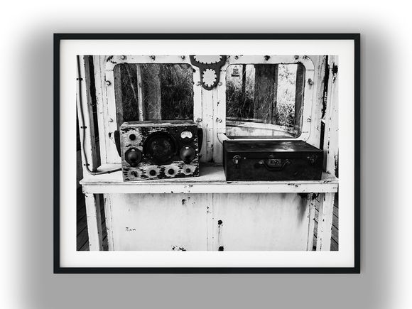 Vintage Maritime Radio and Weathered Travel Case Black and White Photo Digital Download