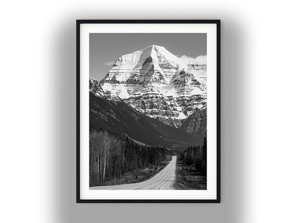 Highway Leading to Snow-Covered Mount Robson Black And White Photo Digital Download