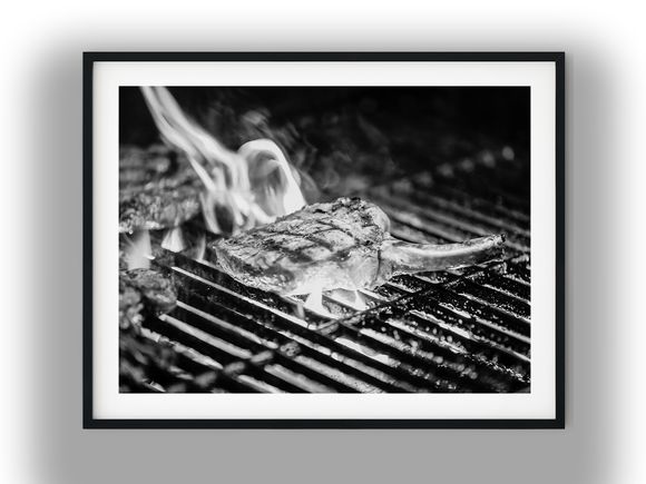 Bone-In Meat Chop Grilling Over Flames Black and White Photo Digital Download