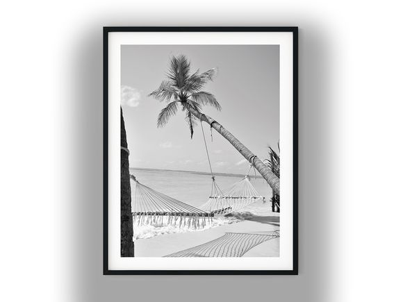 Rope Hammock on a Tropical Beach Shoreline Black And White Photo Digital Download