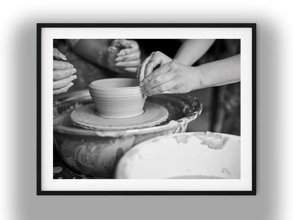Hands Shaping Clay Bowl on Pottery Wheel Black And White Photo Digital Download