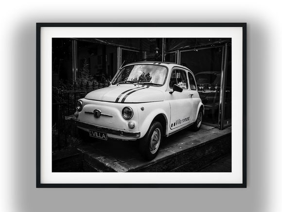 Classic Fiat 500 Parked Outside Villa Romana Restaurant Black and White Photo Digital Download