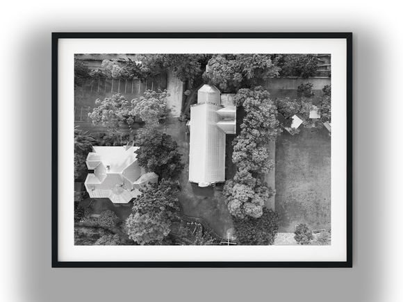 Aerial Top-Down View of Church Grounds Black And White Photo Digital Download