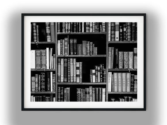 Antique Hardcover Books on Wooden Library Shelves Black And White Photo Digital Download