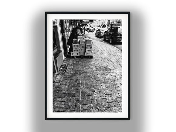 Man Leaning on Stacked Fragile Boxes Black and White Photo Digital Download