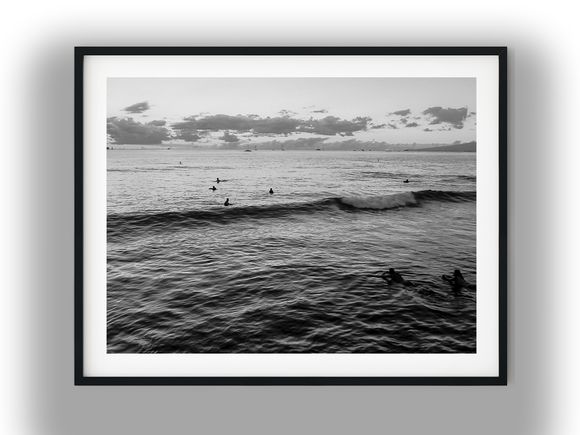 Surfers Waiting for Waves at Sunset Black And White Photo Digital Download