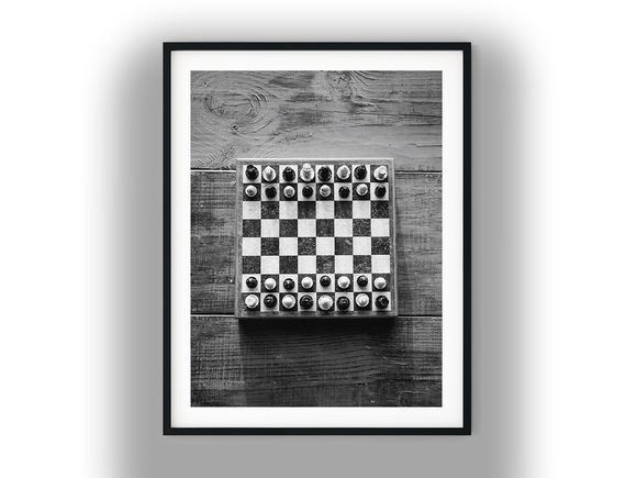 Marble Chessboard on Rustic Wood Black and White Photo Digital Download