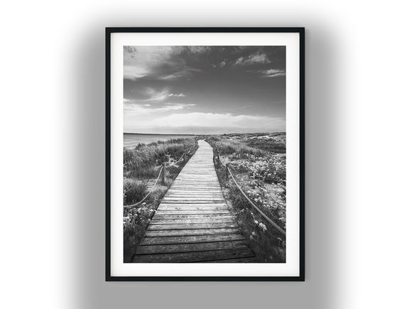 Wooden Boardwalk Path Through Coastal Sand Dunes Black And White Photo Digital Download