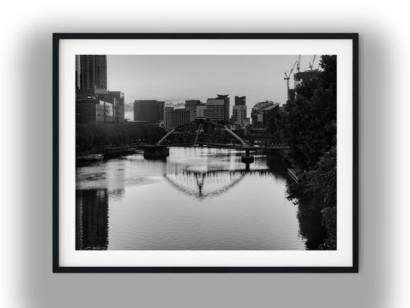 Yarra River Pedestrian Bridge and Melbourne Skyline Black And White Photo Digital Download