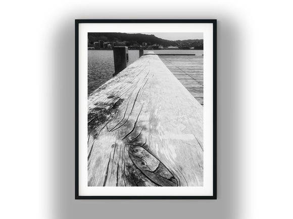 Weathered Wooden Pier Railing Overlooking Harbor Black And White Photo Digital Download