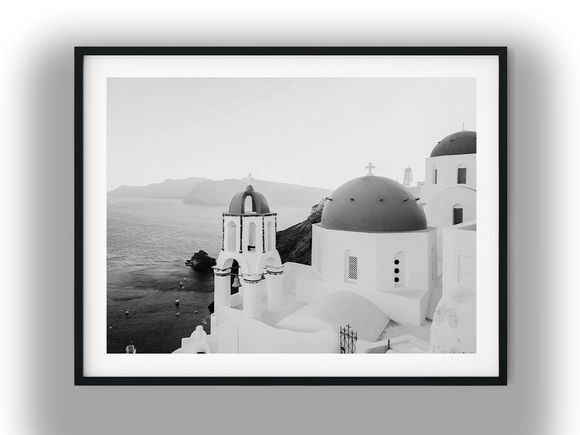 Santorini Blue Dome Churches Overlooking the Aegean Sea Black and White Photo Digital Download