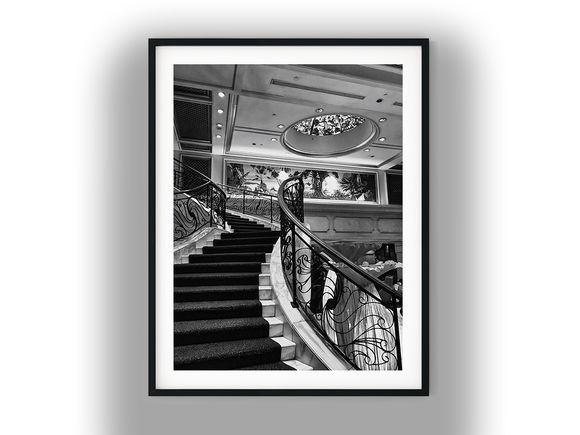 Grand Curved Staircase in Luxury Hotel Lobby Black and White Photo Digital Download