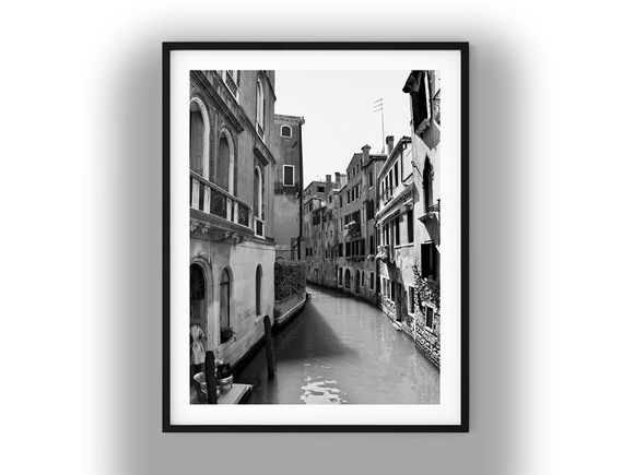 Quiet Narrow Canal Between Historic Venetian Buildings Black And White Photo Digital Download