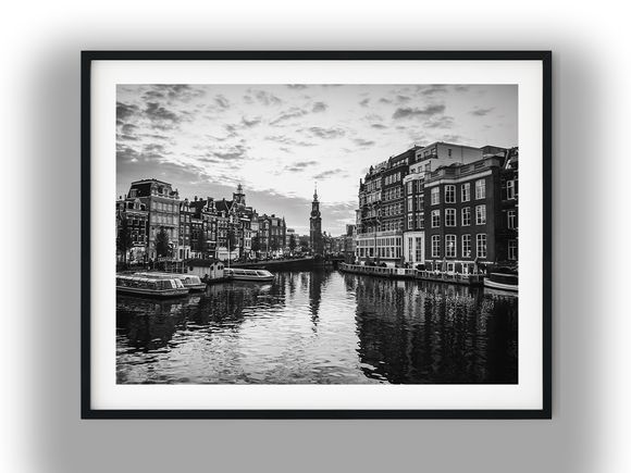 Amsterdam Amstel River View Toward Munttoren Tower Black and White Photo Digital Download