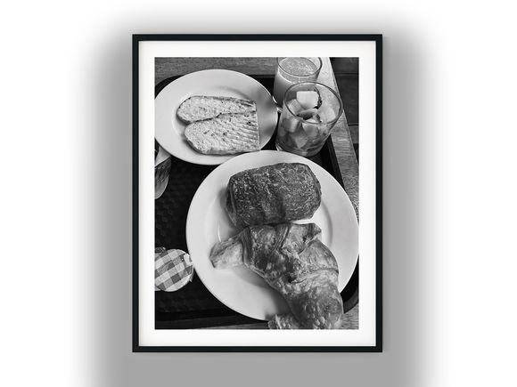 Continental Breakfast Tray with Pastries and Fruit Black And White Photo Digital Download