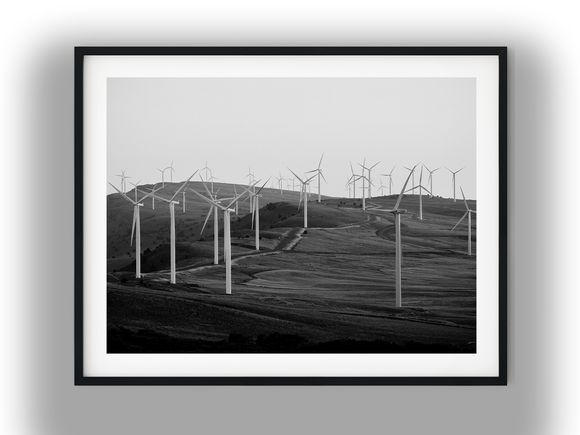 Wind Turbines Across Rolling Hills Black And White Photo Digital Download