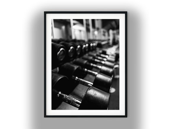 Row of Dumbbells on Gym Weight Rack Black And White Photo Digital Download