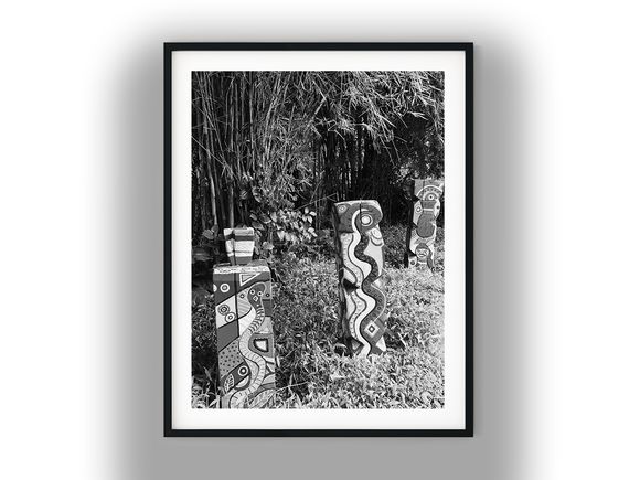Carved Painted Wooden Totems in Bamboo Garden Black and White Photo Digital Download
