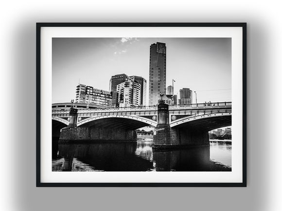 Princes Bridge and Melbourne City Skyline Black And White Photo Digital Download