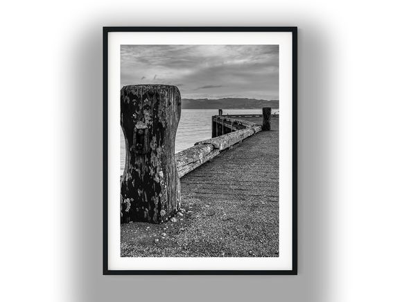 Weathered Wooden Bollard on Coastal Pier Black And White Photo Digital Download