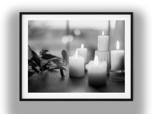 Lit Pillar Candles with Foliage Accent Black And White Photo Digital Download