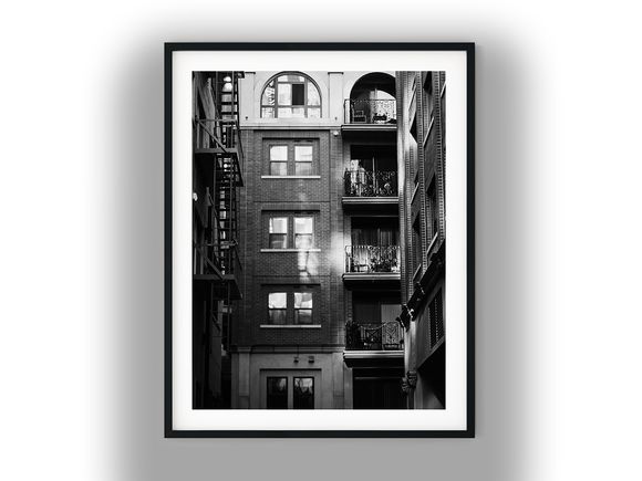 Urban Brick Apartment Building with Balconies Black And White Photo Digital Download